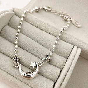 925 Sterling Silver Moon & Star Bracelet Dainty Bracelet Beaded Bracelet